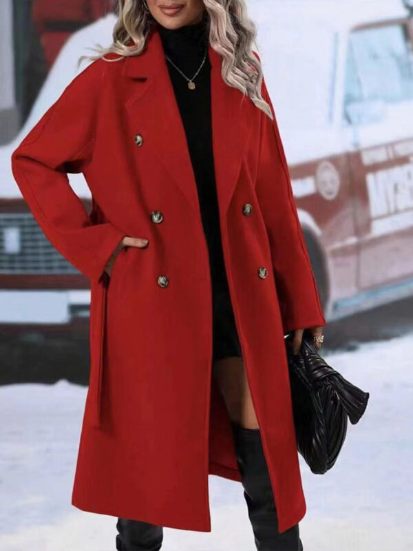 Lapel Double-breasted Trench Coat With Belt Winter Fashion Solid Color Long Jacket Outwear Women Clothing - Image 3