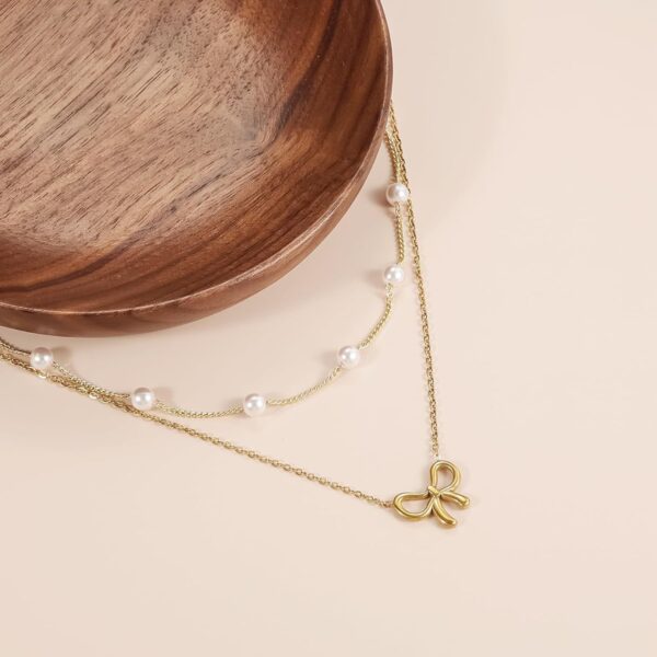 Simple Pearl Double Layer Choker Fashion Gold Color Necklaces Chain Small Bow Pendant Necklace Jewelry Gifts For Women Fashion Jewelry Valentine's Day Gifts - Image 3