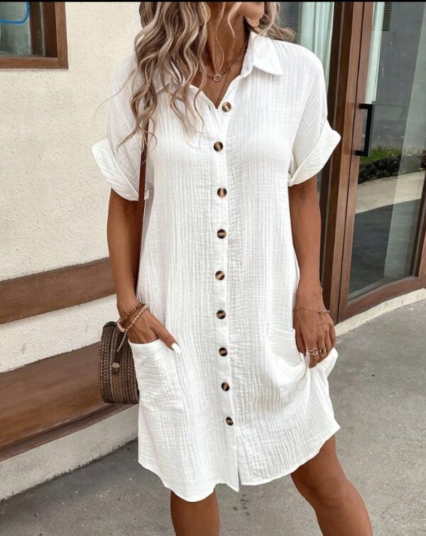 Summer Short Sleeve Shirt Dress Fashion Solid Color Single-breasted Mid-length Loose Dress - Image 5