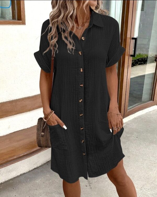 Summer Short Sleeve Shirt Dress Fashion Solid Color Single-breasted Mid-length Loose Dress - Image 7