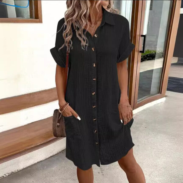 Summer Short Sleeve Shirt Dress Fashion Solid Color Single-breasted Mid-length Loose Dress - Image 2